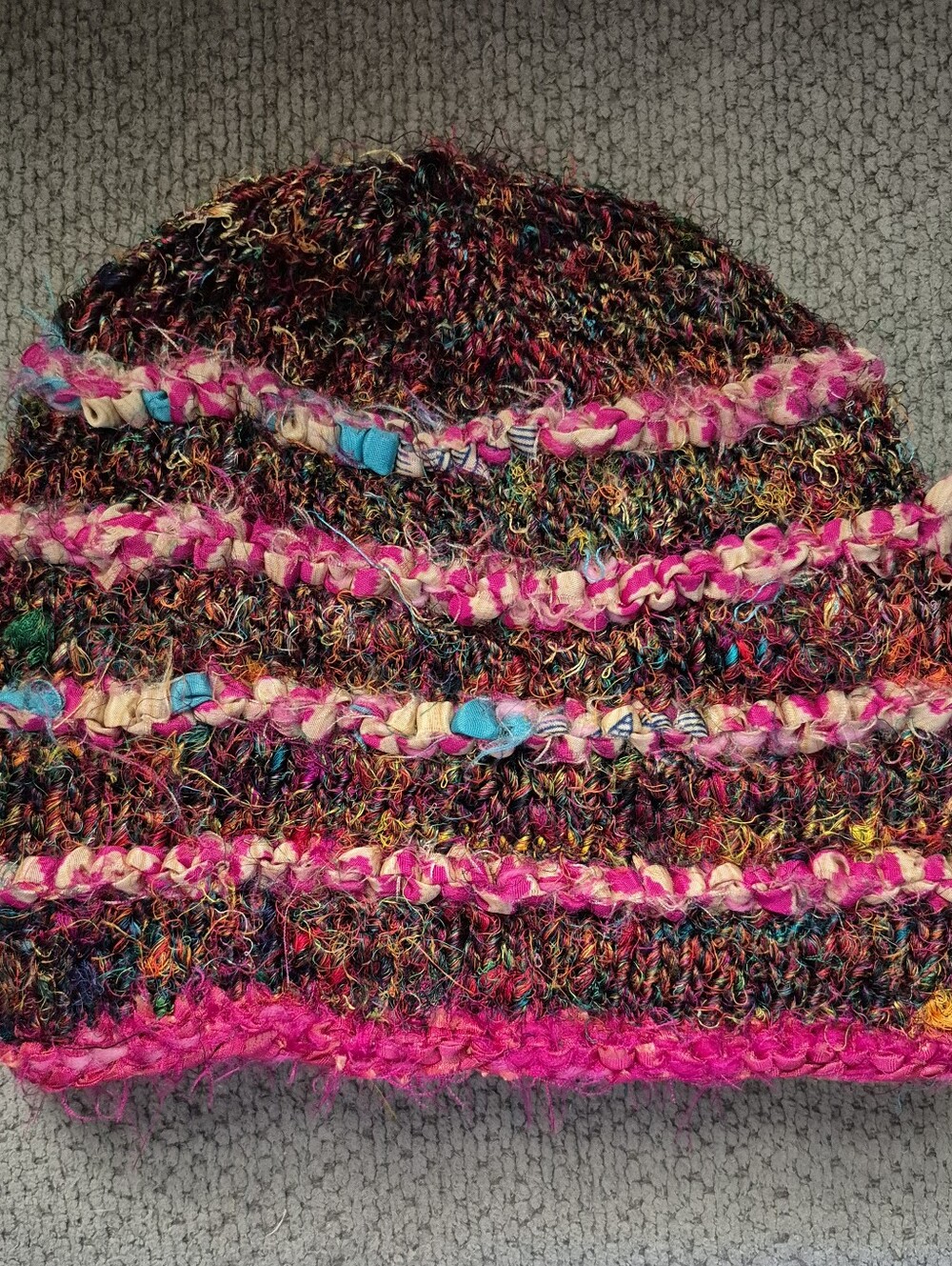 Kathmamdu Multicolor Knit Beanie Hat - Pink Accent Fleece Li Ed